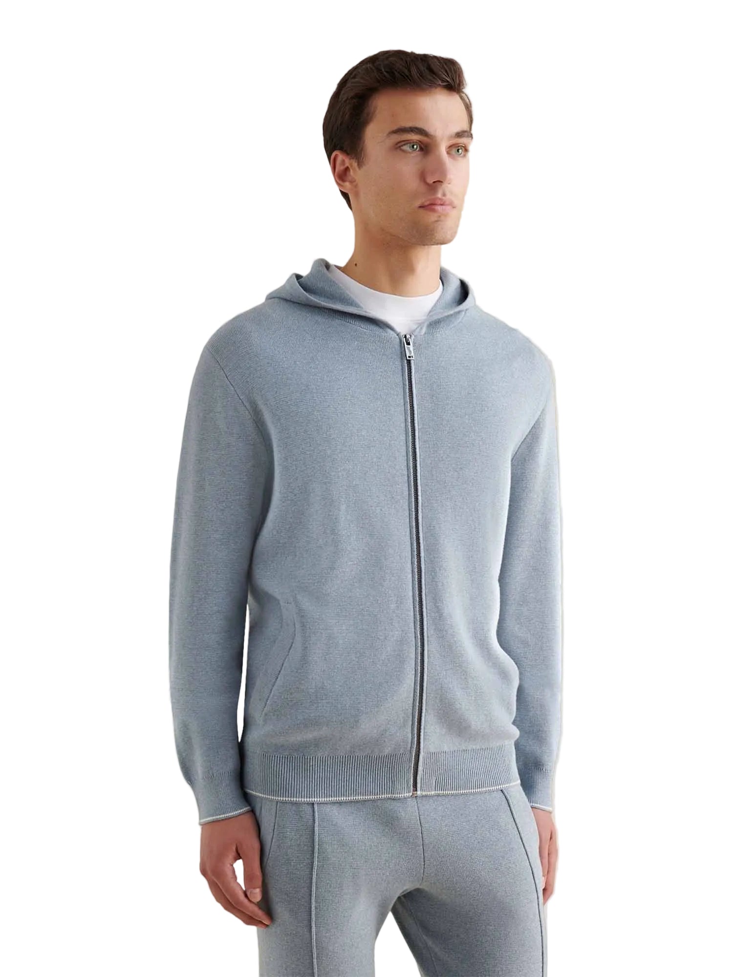 Front View of Peckham Rye Milano Knit Blue Blizzard Zip-Up Hoodie